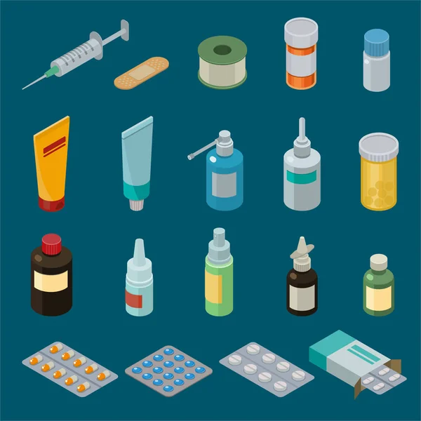 Farmacia medicamentos vectoriales o píldoras en contenedor o botella de la maqueta ilustración de medicamentos o productos farmacéuticos conjunto de tratamiento médico o atención médica aislada en el fondo — Vector de stock