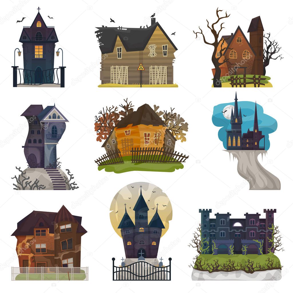 Spooky house vector haunted castle with dark scary horror nightmare on halloween moonlight mystery illustration nightly set of creepy building isolated on white background