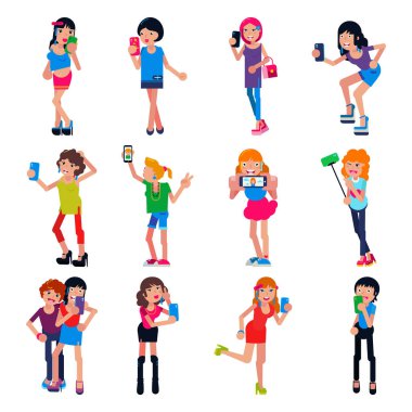 Selfie kız vektör kendini beyaz arka plan üzerinde izole fotoğraf için cep telefonu tutan moda kadın küçük kız kişi smartphone kamera illüstrasyon sette çekim güzel kadın karakter