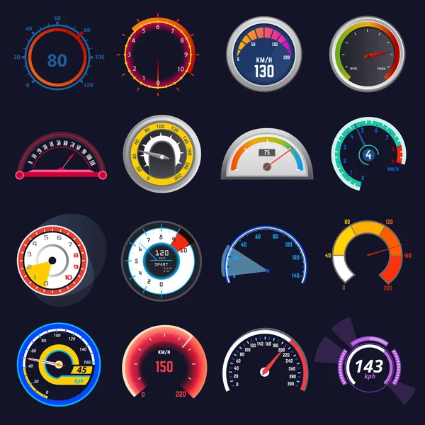 Speedometer vector car speed dashboard panel and speed-up power measurement illustration set of speed-limit control technology gauge with arrow or pointer isolated on background — Stock Vector