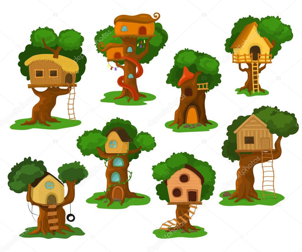 Tree house vector wooden playhouse building on oak tree for kids in garden or park illustration set of treehouse construction on playground with roof or stairs isolated on white background