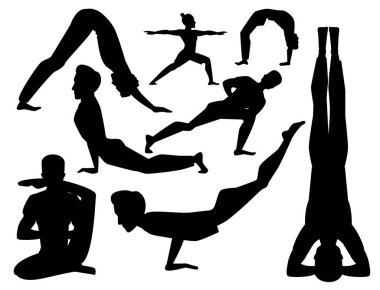 Yoga pozisyonları mans karakter sınıfı meditasyon erkek konsantrasyon insan barış yaşam tarzı vektör çizim.