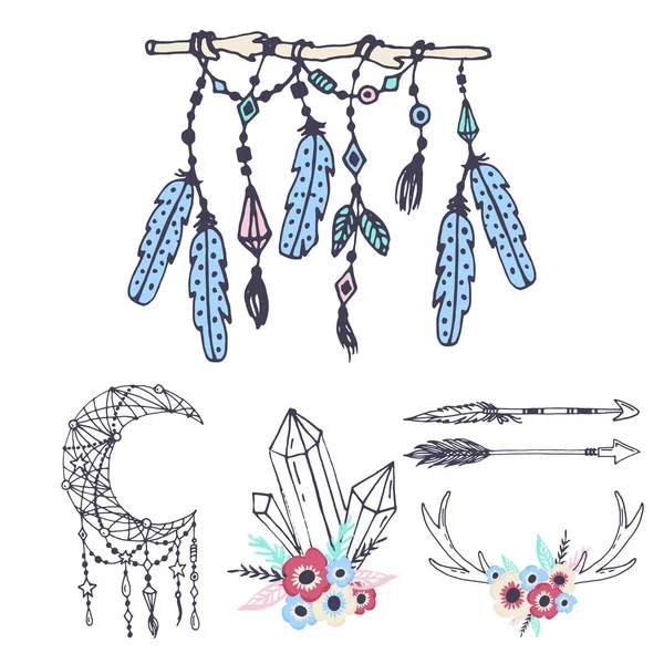 Kreativa boho stil ramar mady etniska fjädrar pilar och blommiga inslag vektor illustration. — Stock vektor