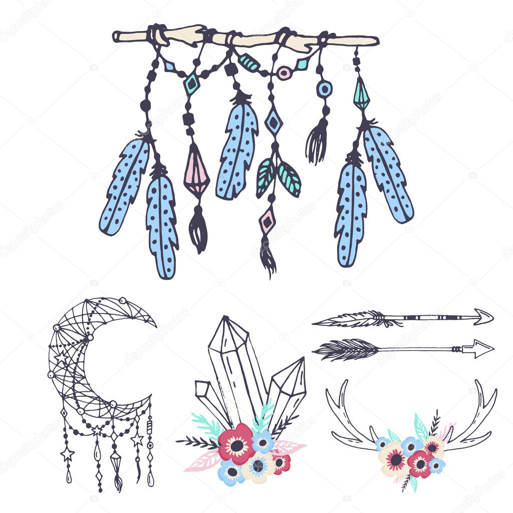 Creative boho style frames mady ethnic feathers arrows and floral elements vector illustration.