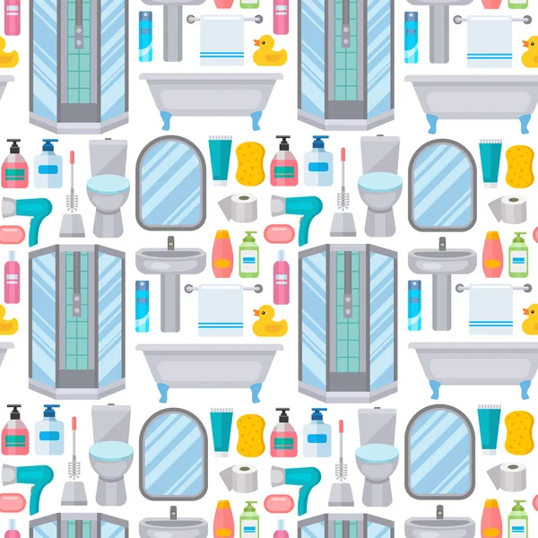 卫浴设备马桶清洁浴室平面式插图卫生设计无缝图案背景. — 图库矢量图片