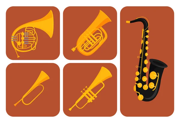 Instrumentos musicales de viento tarjetas herramientas acústico músico equipo orquesta vector ilustración — Archivo Imágenes Vectoriales