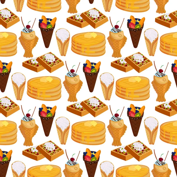 Biscotti wafer modello senza soluzione di continuità sfondo cialde torte pasticceria biscotto delizioso snack crema dessert croccante panetteria cibo vettore illustrazione — Vettoriale Stock