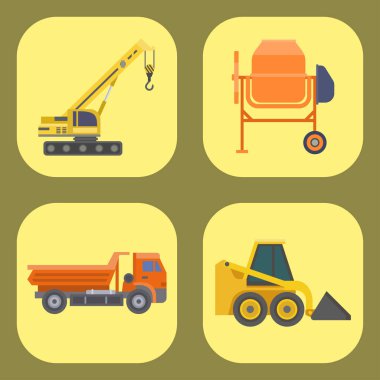 İnşaat teslimat kamyonu vektör ulaşım araç yapý ve makine ekipman büyük platform endüstriyel kamyon illüstrasyon kamyon taşımacılığı yol.