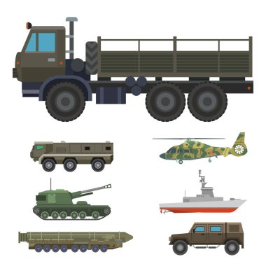 Askeri nakliye vektör araç teknik ordu savaş tankları ve sanayi zırh savunma ulaşım illüstrasyon silah.