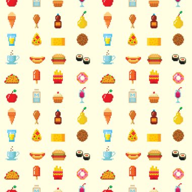 Piksel sanat gıda bilgisayar tasarım Dikişsiz desen arka plan vektör çizim Restoran pixelated öğe lokanta retro oyun web grafik.