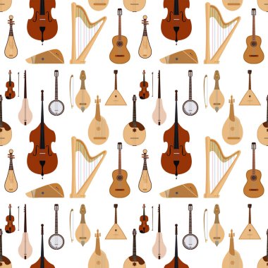 Yaylı hayal müzik aletleri klasik Orkestrası sanat ses aracını akustik Senfoni Dikişsiz desen arka plan ahşap donanımları vektör çizim