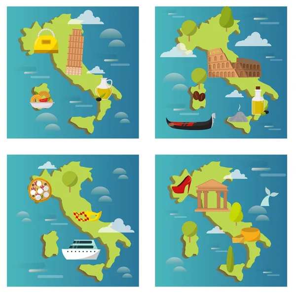 Italy travel map vector attraction tourist symbols sightseeing world italian architecture elements illustration.