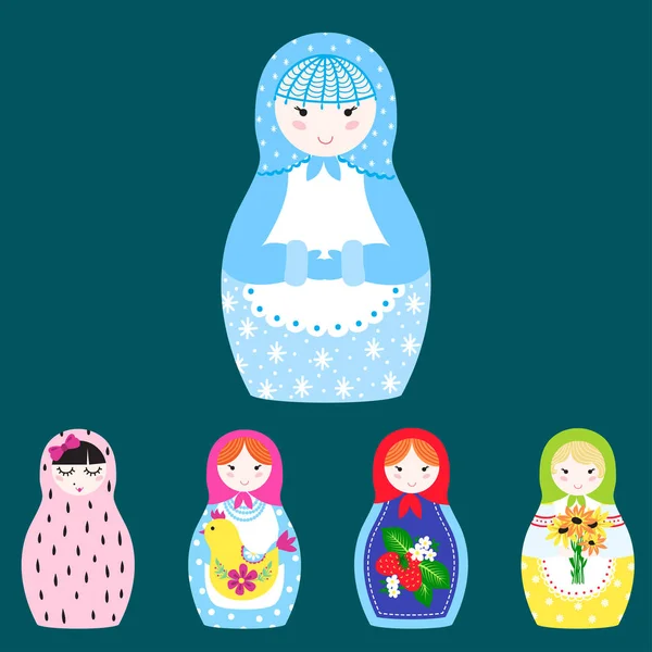 Matryoshka wektor tradycyjnych rosyjski gniazdowania lalki Zabawka z ręcznie ornament rysunek wzór z dziecko twarzy i babushka kobieta z pamiątkami ilustracja. — Wektor stockowy