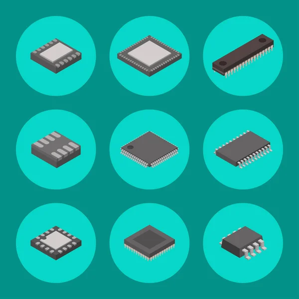 Microchip computador vetor isométrico chip tecnologia processador circuito placa eletrônica placa-mãe sistema de informação ilustração . — Vetor de Stock