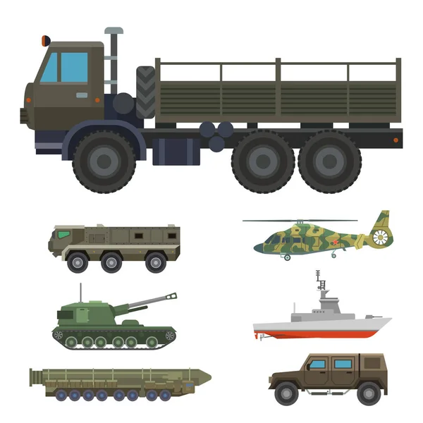 Militär Transport Vektor Fahrzeug Technik Armee Krieg Panzer und Industrie Rüstung Verteidigung Transport Waffe Illustration. — Stockvektor