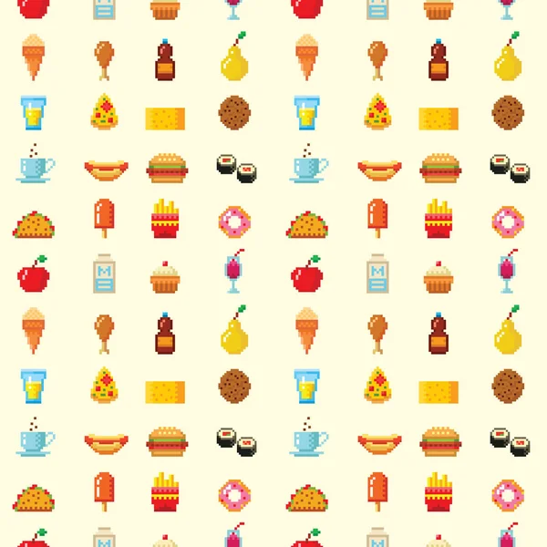 Pixel umění jídlo počítač design vzor bezešvé pozadí vektorové ilustrace restauraci pixelated prvek rychlého občerstvení retro herní webové grafiky. — Stockový vektor