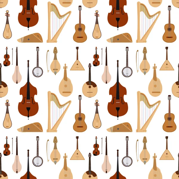 Stringed dreamed musical instruments classical orchestra art sound tool acoustic symphony seamless pattern background wooden equipment vector illustration — Stock Vector