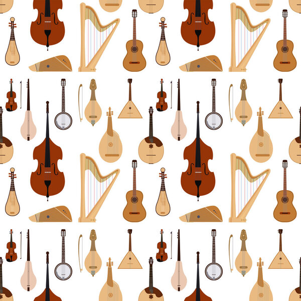 Стринги мечтательные музыкальные инструменты Классический оркестр искусства звуковой инструмент акустический симфонический бесшовный шаблон фон деревянного оборудования векторная иллюстрация
