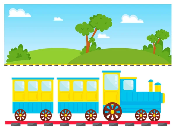 Дети тренируют векторные мультяшные игрушки с красочными локомотивами блоки железнодорожных вагонов игры весело досуг радость подарок детям транспортные иллюстрации . — стоковый вектор