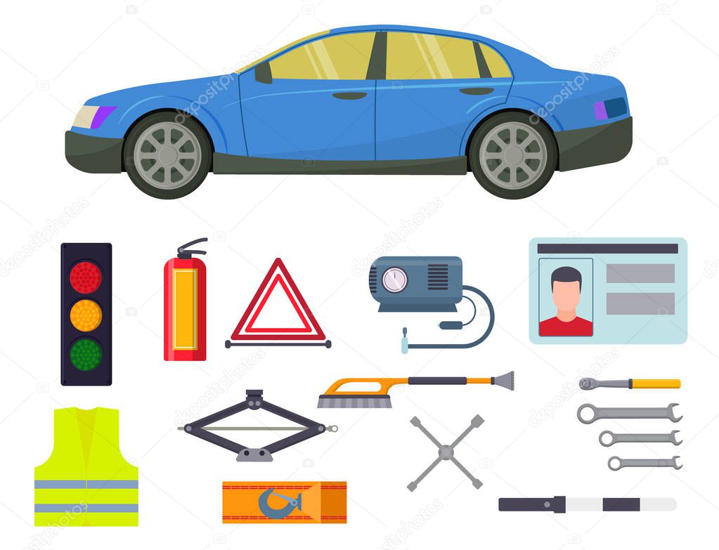 Auto transport vector motorist equipment transportation service car driver tools high detailed repair service illustration.