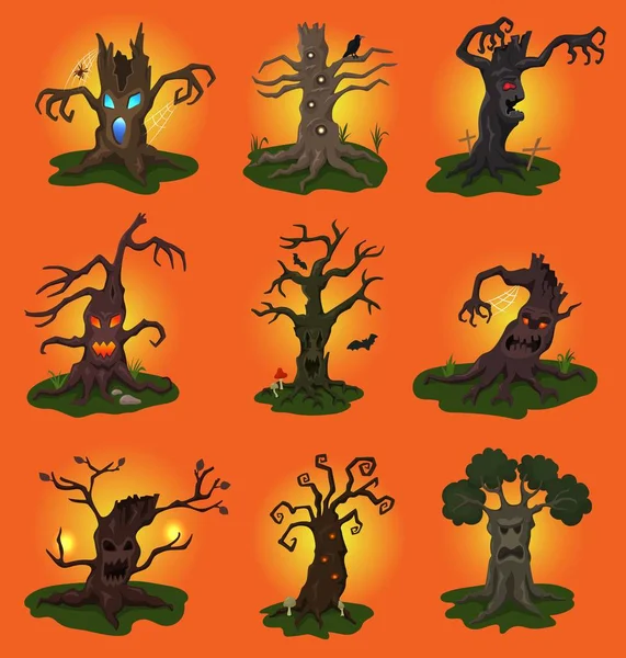 Halloween tree vector scary character treetops of horror in spooky forest illustration set of forestry wood evil monster of nightmare isolated on background — Stock Vector