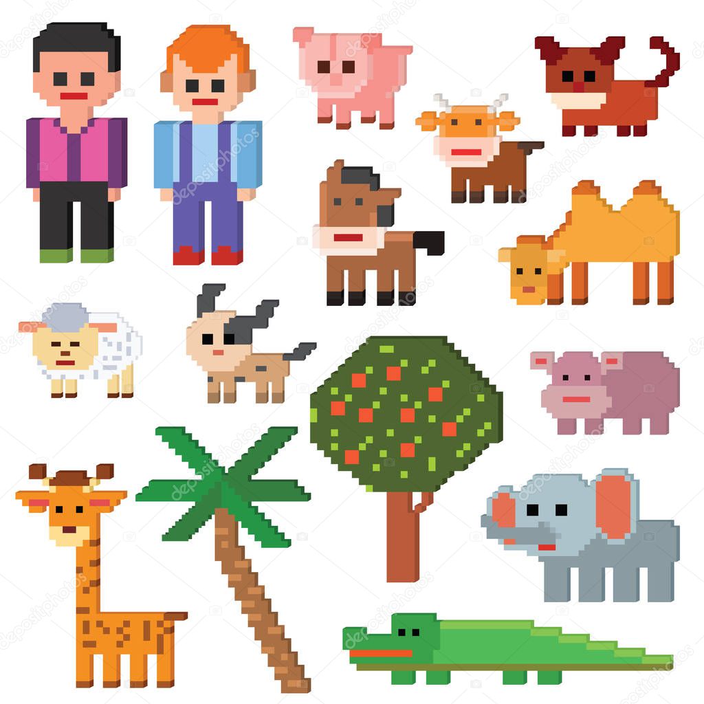Pixel character vector farm animal pixelart and cartoon animalistic farming signs for 8bit game illustration gamification set of dog pig or elephant isolated on white background