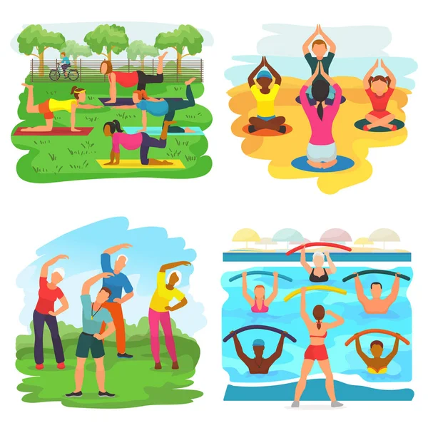 Workout Übungsvektor aktive Menschen, die mit Trainer in sportlicher Gruppe im Park trainieren Illustration Set von Mann oder Frau Charakter Training Fitness-Aktivität isoliert auf weißem Hintergrund — Stockvektor