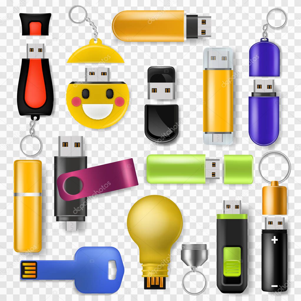 USB vector flash drive memory storage and digital transfer device to computer illustration set of removable flashdrive technology equipment isolated on transparent background