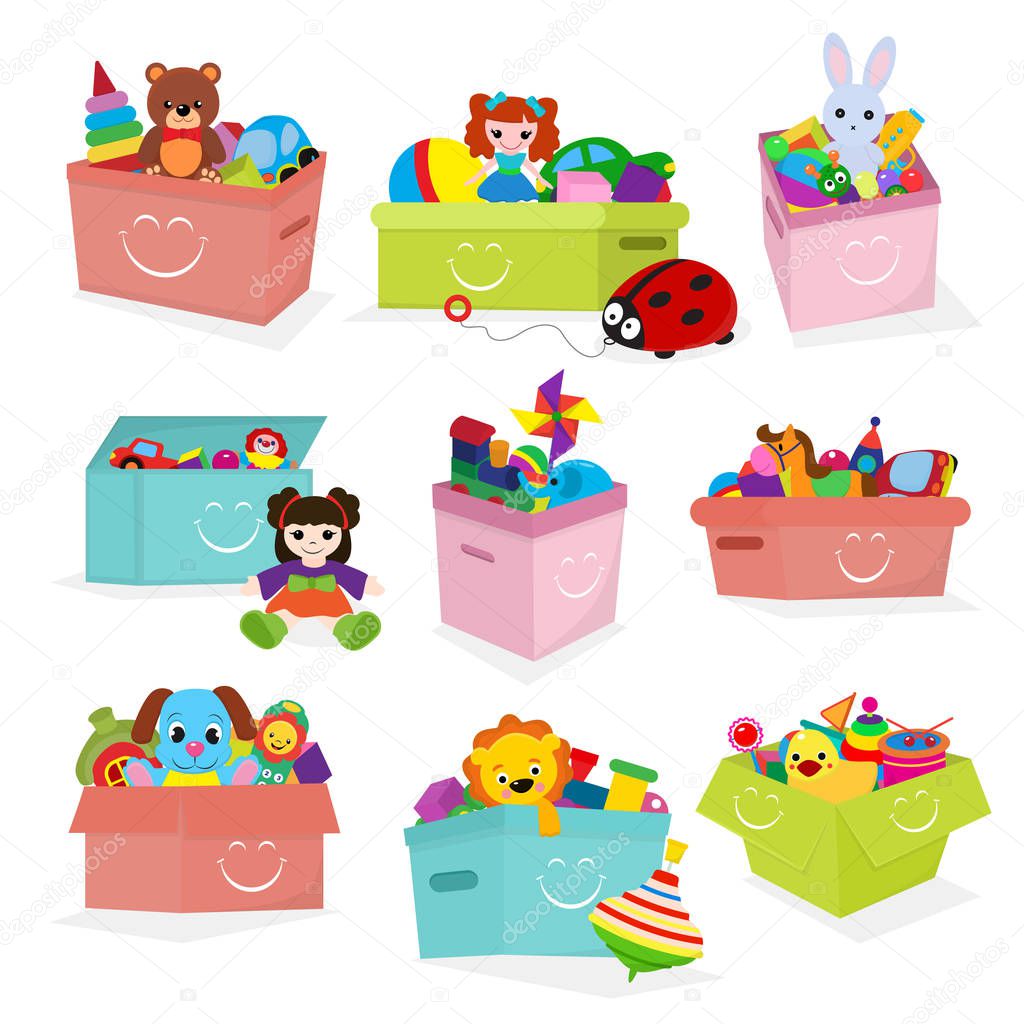 Kids toys box vector baby container with toyshop teddy bear play in babyroom boxes set illustration isolated on white background