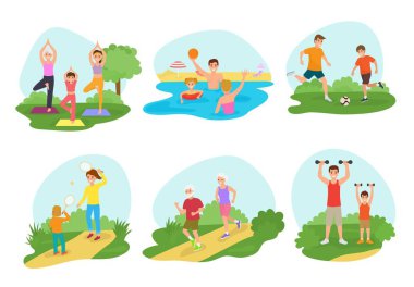 Aile egzersiz egzersiz vektör için etkin olan kişileri anne ya da baba karakteri ve çocuklar birlikte çocuklu beyaz arka plan üzerinde izole fitness Eğitim Parkı illüstrasyon kümesinde erkek ya da kadın egzersiz