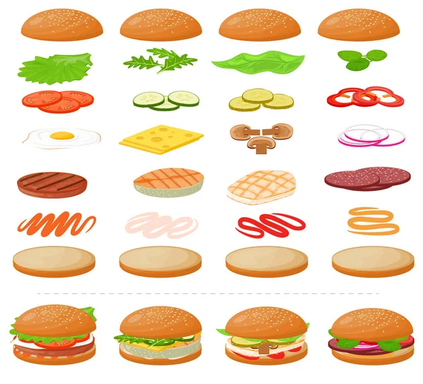 Hamburguesa vector de comida rápida hamburguesa o cheeseburger constructor con ingredientes carne bollo tomate y queso ilustración fastdood sandwich o carne de res construcción conjunto aislado sobre fondo blanco — Vector de stock