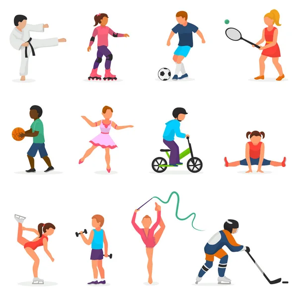 Anak laki-laki dalam olahraga vektor anak laki-laki atau perempuan bermain hoki atau sepak bola dan anak-anak menari atau skating ilustrasi set kegiatan sportif anak-anak terisolasi pada latar belakang putih - Stok Vektor