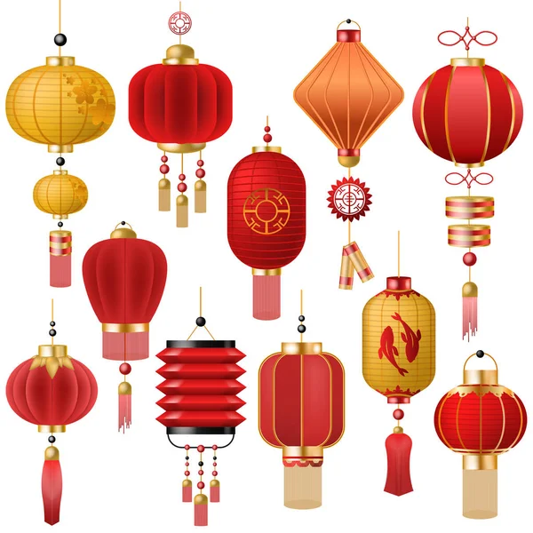 Linterna china vector tradicional linterna roja-luz y decoración oriental de la cultura china para la celebración asiática ilustración conjunto de festival decoración luz aislada sobre fondo blanco — Vector de stock