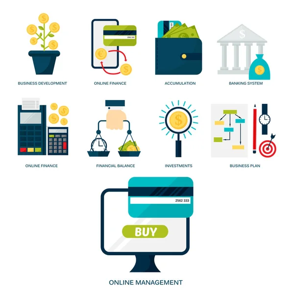 Banking money financial services set credit sign development online accumulation bank investment management finance vector illustration. — Stock Vector