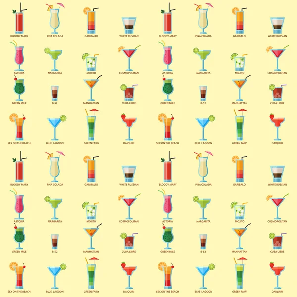 Cocktail alcolici senza soluzione di continuità modello di sfondo frutta bevande fredde tropicale cosmopolita freschezza partito alcol dolce tequila vettore illustrazione . — Vettoriale Stock