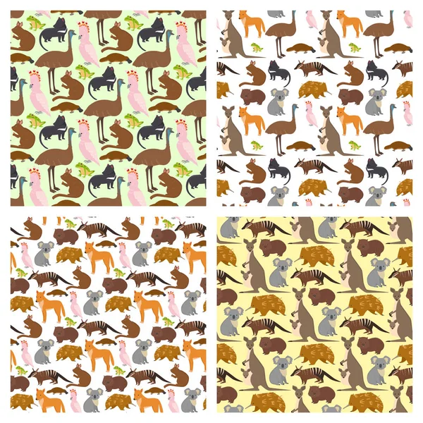 Australien vilda djur tecknad populära natur tecken sömlösa mönster bakgrund platt stil däggdjur samling vektorillustration. — Stock vektor