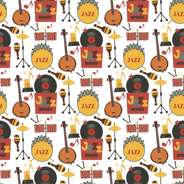 Jazz Musikinstrumente Instrumente Hintergrund Jazzband Klavier Saxophon Musik nahtlose Muster Sound Vektor Illustration Rock Konzert Note. — Stockvektor