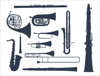 Rüzgar müzik aletleri araçları akustik müzisyen ekipman Orkestrası vektör çizim