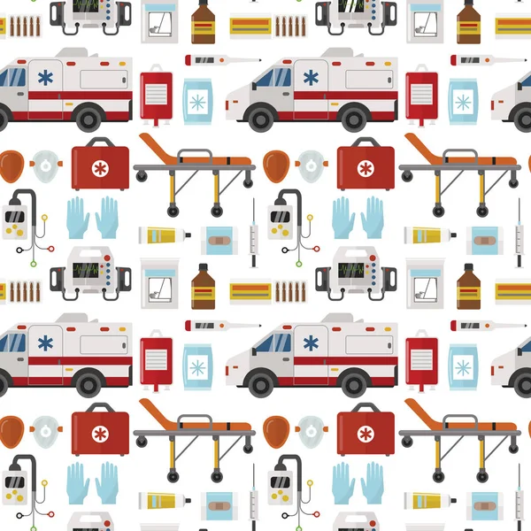 Ambulans vektor medicin hälsa akutsjukhus brådskande apotek piller stödja sjukvårdare behandling sömlösa mönster bakgrund illustration — Stock vektor
