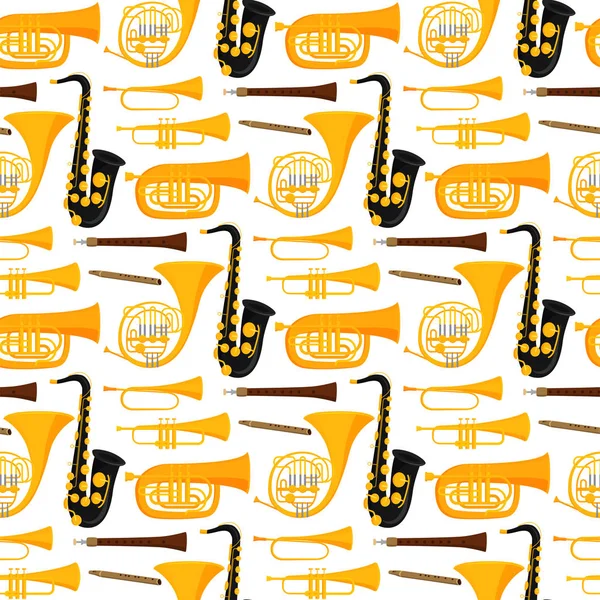 Instrumentos musicales de viento herramientas acústico músico equipo orquesta sin costura patrón fondo vector ilustración — Vector de stock