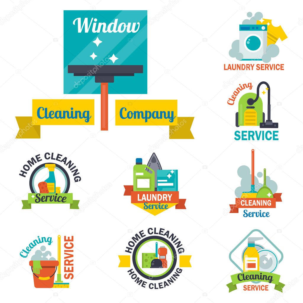 Cleaning service emblems labels and design elements home household symbol work brush vector illustration. Wash worker bin duster floor dirty clean equipment housework sign.