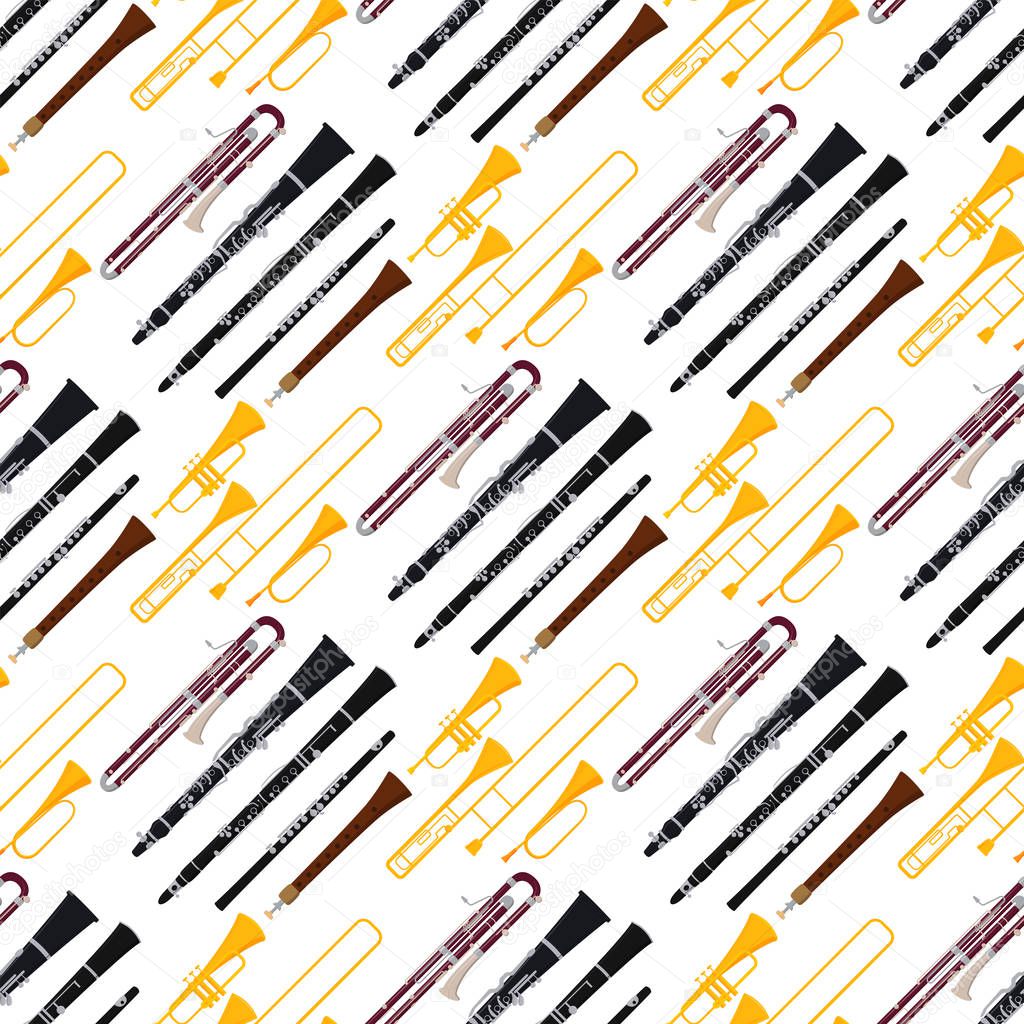 Wind musical instruments tools acoustic musician equipment orchestra seamless pattern background vector illustration