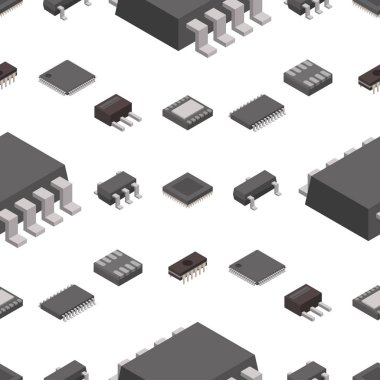 Mikroçip bilgisayar vektör izometrik çip teknolojisi işlemci devre elektronik Pano anakart bilgi sistemi Dikişsiz desen arka plan illüstrasyon.