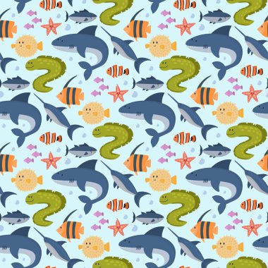 Deniz hayvanları yaratıklar karakter karikatür okyanus yaban hayatı deniz sualtı akvaryum hayat su grafik su tropikal hayvanların Dikişsiz desen arka plan illüstrasyon vektör.