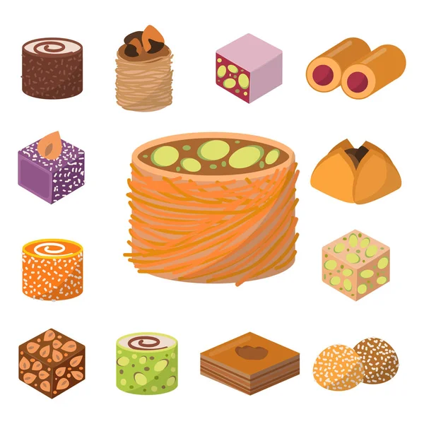 糖果东方美味甜点食品矢量糖果自制的分类巧克力蛋糕美味的面包店甜蜜美食插画 — 图库矢量图片