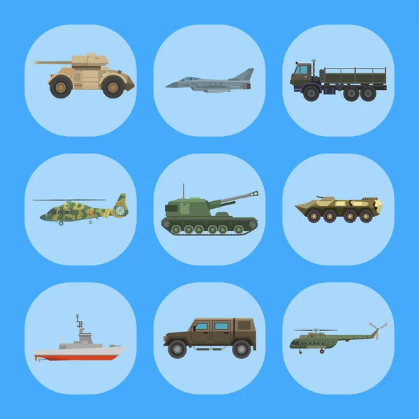 Askeri nakliye vektör araç teknik ordu savaş tankları ve sanayi zırh savunma ulaşım illüstrasyon silah. — Stok Vektör