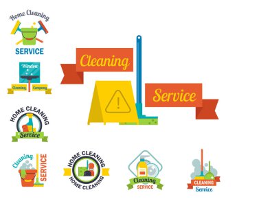 Temizlik hizmeti Amblemler etiketleri ev ev sembolü iş fırça vektör çizim tasarım.