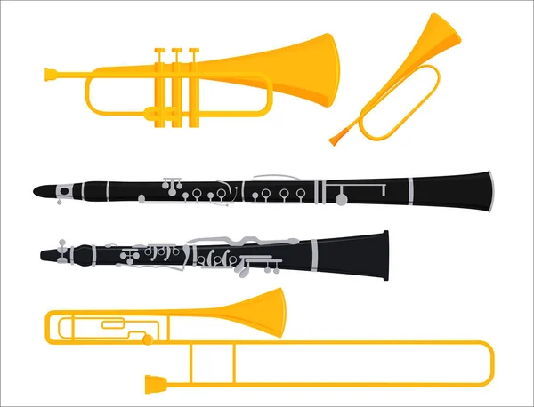 Άνεμος μουσικά όργανα εργαλεία ακουστική μουσικός εξοπλισμός ορχήστρα διανυσματικά εικονογράφηση — Διανυσματικό Αρχείο