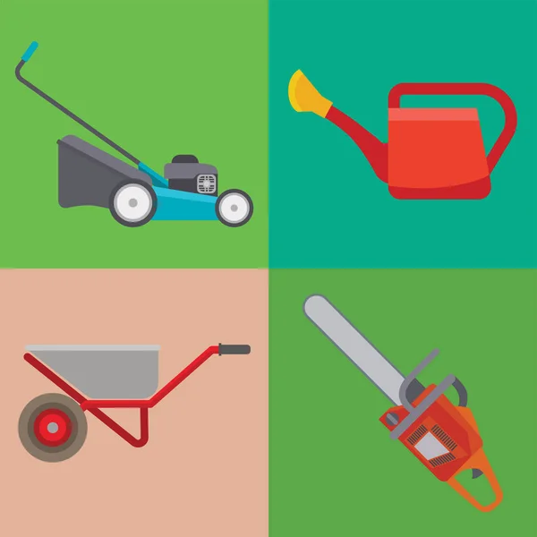Trädgårdsprodukter platt set vektor trädgårdsmästare karaktär med rake illustration jordbruk jordbruk verktyg — Stock vektor