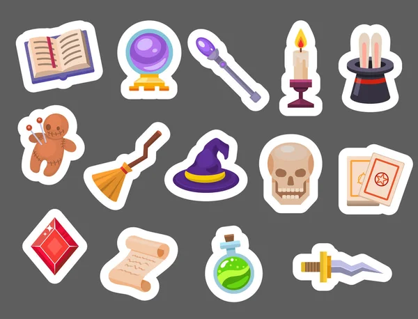 Sihirli araçlar sihirbaz fantezi karnaval büyülü gizemli çizgi film mucize dekorasyon vektör çizim.